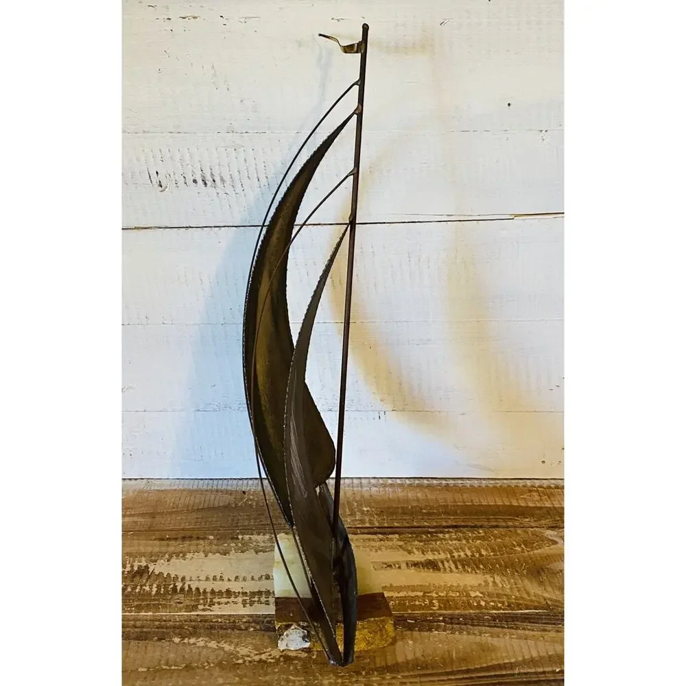 Vintage Mid Century Brass Sailboat Sculpture Stone Base Signed 15.25